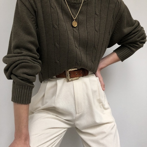 Oscar de la Renta Sweaters - Oscar de la Renta Olive Chunky Cable Knit Sweater